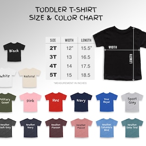 Pu&ograve; includere: Una tabella delle taglie e dei colori delle t-shirt per bambini piccoli. La tabella mostra una t-shirt nera con misure e una tavolozza di colori di varie t-shirt, tra cui nero, bianco, naturale, verde militare, rosa, rosso, blu navy, blu reale e grigio sport.