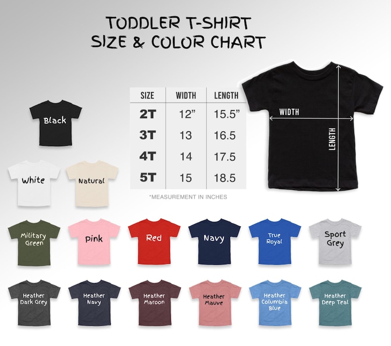 Pu&ograve; includere: Una tabella delle taglie e dei colori delle t-shirt per bambini piccoli. La tabella mostra una t-shirt nera con misure e una tavolozza di colori di varie t-shirt, tra cui nero, bianco, naturale, verde militare, rosa, rosso, blu navy, blu reale e grigio sport.
