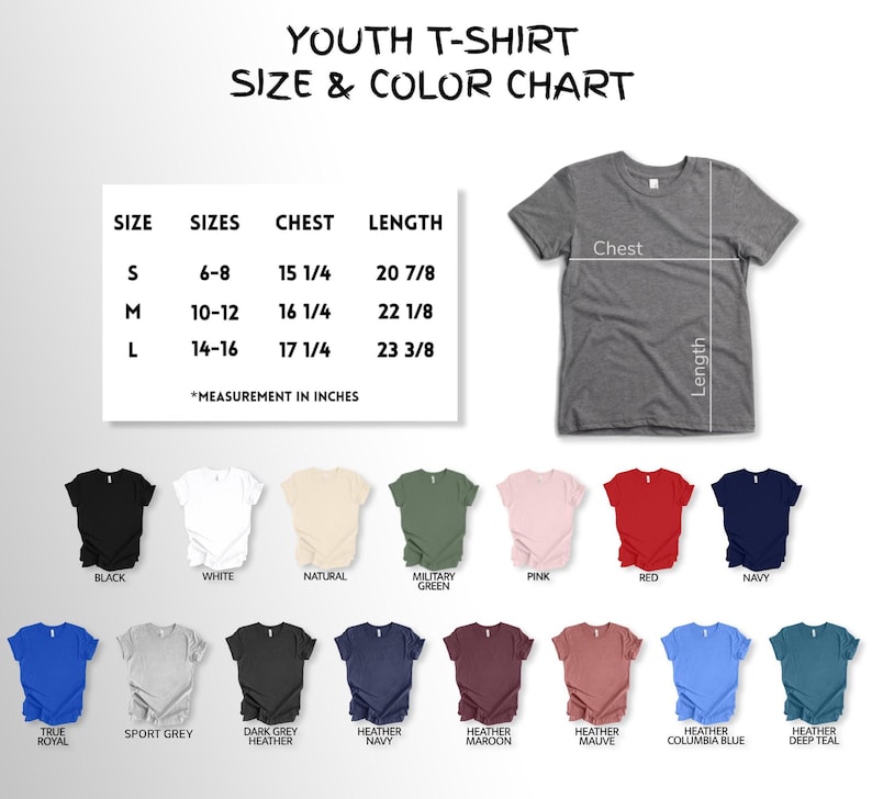 Puede incluir: Una tabla de tallas y colores de camisetas juveniles. La tabla muestra las medidas de pecho y largo en pulgadas para las tallas S, M y L. Se muestran varios colores de camisetas, incluyendo negro, blanco y marino.