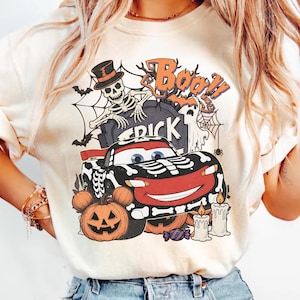 Lightning McQueen Halloween Shirt, Comfort Colors Cars Tee, Retro Skeleton Graphic