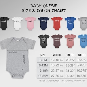 May include: A baby onesie size and color chart. The chart displays onesies in various colors, including black, white, pink, navy, red, and grey. The chart also includes size, weight, length, and width measurements in inches and pounds.