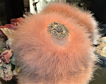 Powder Puff ~ Body Dusting Powder Puff ~ Ivory Fur Puff with Dusty Rose Trim ~ Rhinestone Embellished Handle