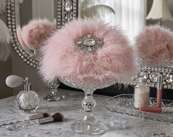 Pink Champagne Down Feather Trim Faux Fur Powder Puff  ~ Rhinestone Embellished Handle
