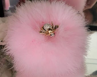 Bumble Bee Pink Rhinestone Mini Body Dusting Powder Puff Duster Down Feather Trim Gold Rhinestone