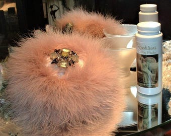 Risque ~ 6 oz Scented Dusting Powder w/ Rhinestone Handle Puff & Glass Stand by Renditions