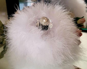 Powder Puff ~ Body Dusting Powder Puff ~ White Faux Fur Puff Trimmed in Marabou Down ~ Pearl and Rhinestone Embellished Handle