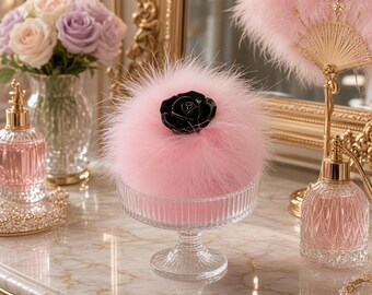 3pc Perfumed Powder Set w/ Footed Dish Pink Feather Puff w/ Black Rose Shaped Handle & 4 oz Powder