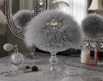 Silver Gray Down Feather Trim Faux Fur Powder Puff  ~ Rhinestone Embellished Handle
