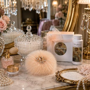 May include: A fluffy peach-colored powder puff with a central rhinestone brooch, a white box labeled Renditions Dusting Powders with a peach tulle bow, a white bottle labeled Renditions Dusting Powders, and a crystal jar on a marble surface.