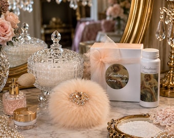 4pc Perfumed Powder Set w/ Footed Covered Dish Feather Puff w/ Rhinestone Embellished Handle & 4 oz Powder