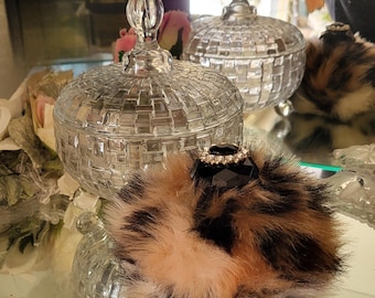 Leopard Faux Fur Powder Dish Set with Rhinestone Puff (4 oz Scented Powder)
