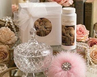 4pc Perfumed Powder Set w/ Footed Covered Dish Pink Feather Puff w/ Rhinestone Embellished Handle & 4 oz Powder