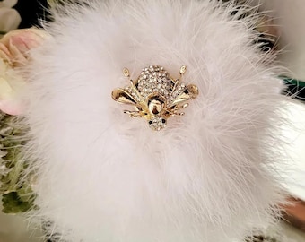 Rhinestone Bumble Bee Mini Body Dusting Powder Puff Duster White Down Feather Trim
