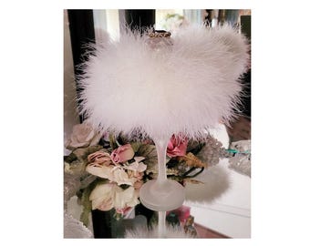 Sparkling Amber Rhinestone Embellished Feather Trimmed Powder Puff Set w/ Glass Stand by Renditions