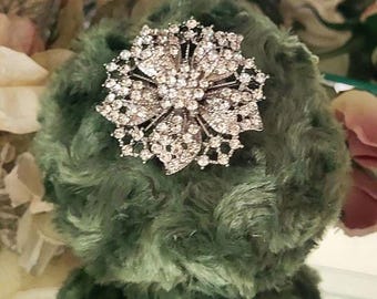 Sage Green Faux Fur Body Dusting Powder Puff ~ Rhinestone Embellished Handle