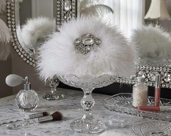 White Down Feather Trim Faux Fur Powder Puff  ~ Rhinestone Embellished Handle
