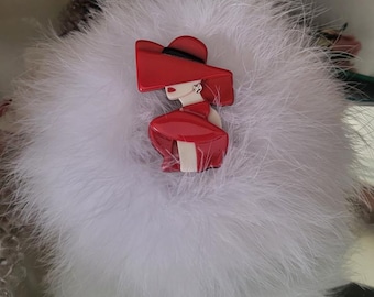 Genuine Down Feather Trimmed Body Dusting Powder Puff Duster Red Lip Diva Retro Handle