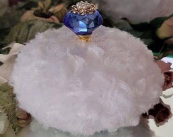 White Faux Fur Body Dusting Powder Puff ~ Blue Pearl Embellished Crystal Handle