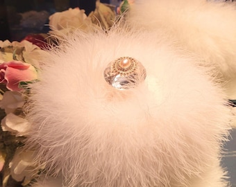 Body Dusting Powder Puff ~ Ivory Fur Puff with Ivory Trim ~ Pearl & Rhinestone Embellished Handle