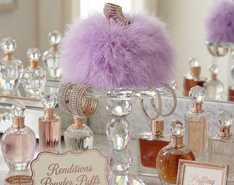 Powder Puff Trimmed in Soft Lilac Purple Down Feathers ~ Bling High Heel Ankle Boot Handle ~ Body Dusting Powder Puff