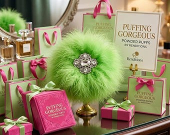 Green Apple Down Feather Trim Faux Fur Powder Puff  ~ Rhinestone Embellished Handle