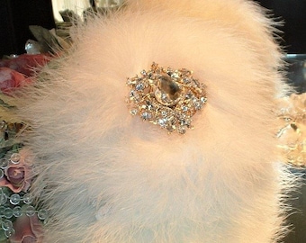 Powder Puff ~ Body Dusting Powder Puff ~ Ivory Fur Puff with Ivory Marabou Down Trim ~ Rhinestone Embellished Handle