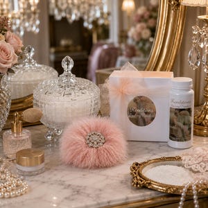 May include: A pink feather powder puff with a central rhinestone embellishment, a white box labeled Renditions Dusting Powders, a white bottle labeled Renditions Dusting Powders, a crystal jar, a perfume atomizer, and a gold tray with white powder.