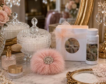 4pc Perfumed Powder Set w/ Footed Covered Dish Feather Puff w/ Rhinestone Embellished Handle & 4 oz Powder