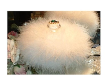 Body Dusting Powder Puff ~ White Faux Fur Puff w/ White Down Feather Trim ~ Emerald Green Rhinestone Embellished Handle
