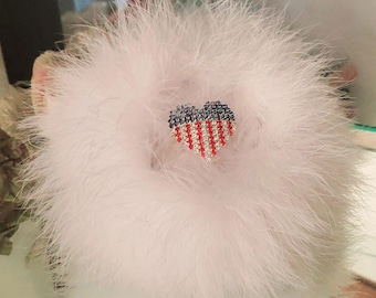 American Flag Handle Body Dusting Duster Puff ~ White Fur Puff with White Down Trim ~ Heart Shaped American Flag Handle