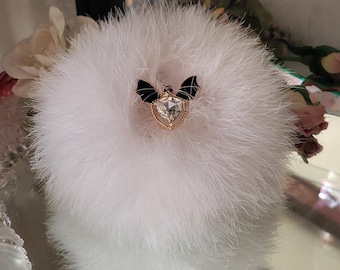 Goth Bat Skull Mini Body Dusting Powder Puff Duster White Down Feather Trim