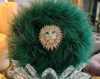 Leo Lion Dusting Powder Puff  ~ Ivory Fur Puff w/ Dark Emerald Green Feather Trim ~ Rhinestone Embellished Handle