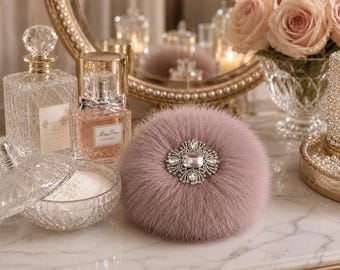 Dusty Mauve Down Feather Trim Faux Fur Powder Puff  ~ Rhinestone Embellished Handle
