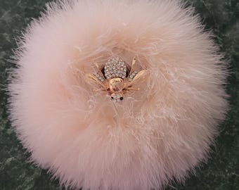 Bumble Bee Blush Genuine Down Feather Trim Rhinestone Copper Mini Body Dusting Powder Puff Duster Pouf