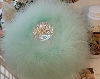 Powder Puff ~ Body Dusting Powder Puff ~ Seafoam and Marabou Down Trim ~ Rhinestone Embellished Handle