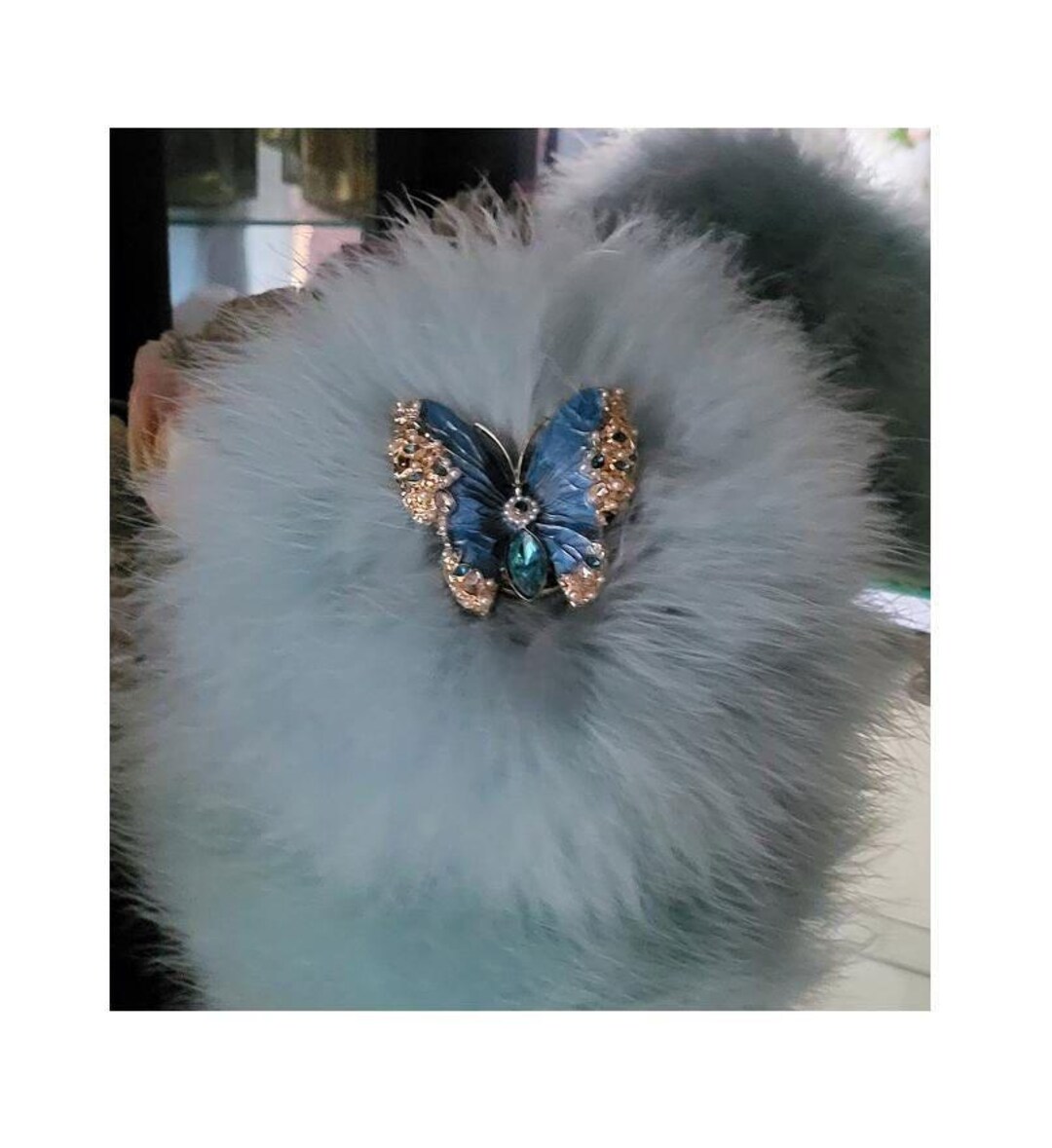 Puff Duster Blue Butterfly Powder Puff ~ Body Dusting Duster ~ White Fur Puff With ...