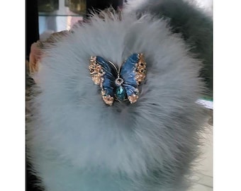 Blue Butterfly Powder Puff ~ Body Dusting Duster ~ White Fur Puff with Soft Blue Down Feather Trim ~ Rhinestone and Pearl Embellished Handle