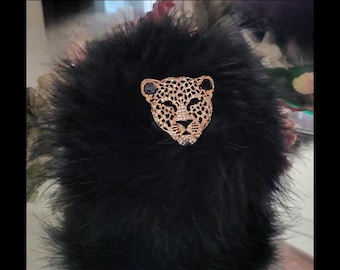 Body Dusting Powder Puff ~ Cream Fur Puff Black Marabou Trim ~ Leopard Mask Rhinestone Embellished Handle