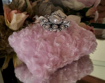Pale Baby Pink Rectangle Faux Fur Body Dusting Powder Puff ~ Rhinestone Embellished Pearl Handle