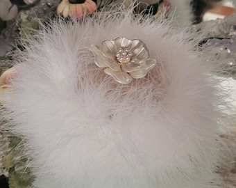 3 Piece Set - Flower Handle w/ Pearl Rhinestone Accents Down Feather Trimmed Powder Puff with Stand & 4 oz Casmir Powder
