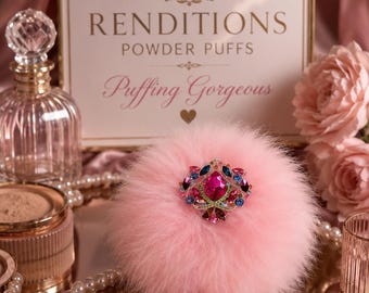 Powder Puff ~ Body Dusting ~ White Fur Puff Soft Pink Marabou Trim ~ Hot Pink Rhinestone Embellished Handle