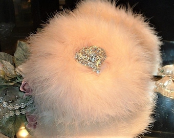 Powder Puff ~ Body Dusting Powder Puff ~ Off White Fur Puff with Blush Marabou Trim ~ Rhinestone Heart Embellished Handle