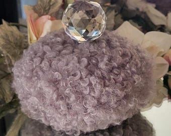 Pewter Gray Faux Curly Sherpa Body Dusting Powder Poodle Puff ~ Crystal Ball Handle
