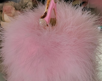Pink High Heel Powder Puff ~ Body Dusting Powder Puff ~ White Fur Puff with Pink Down Trim