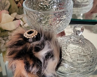 Mini Leopard Faux Fur Powder Dish Set with Rhinestone Puff (4 oz Scented Powder)