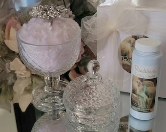 Goddess Perfumed Powder Set w/ Footed Covered Dish Plush Puff & Rhinestone Embellished Handle