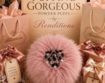 Dusting Body Powder Puff ~ Dusty Mauve Down Feather Trimmed Cream Faux Fur Puff ~ Rhinestone Embellished Handle