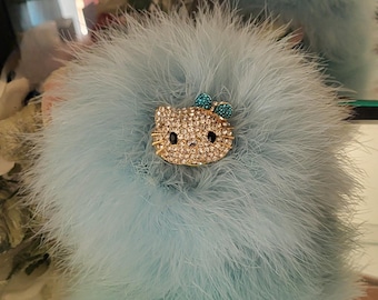 Smitten Kitten Blue Down Feather Trimmed Powder Puff Rhinestone Embellished Handle
