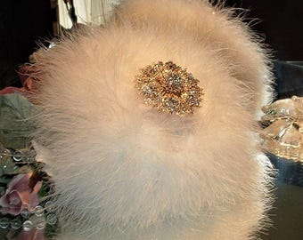 Powder Puff ~ Body Dusting Powder Puff ~ Ivory Fur Puff with Ivory Trim ~ Rhinestone Embellished Handle