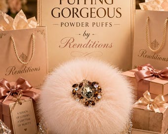 Dusting Body Powder Puff ~ Cream Faux Fur Peachy Blush Down Feather Trim ~ Rhinestone Embellished Handle
